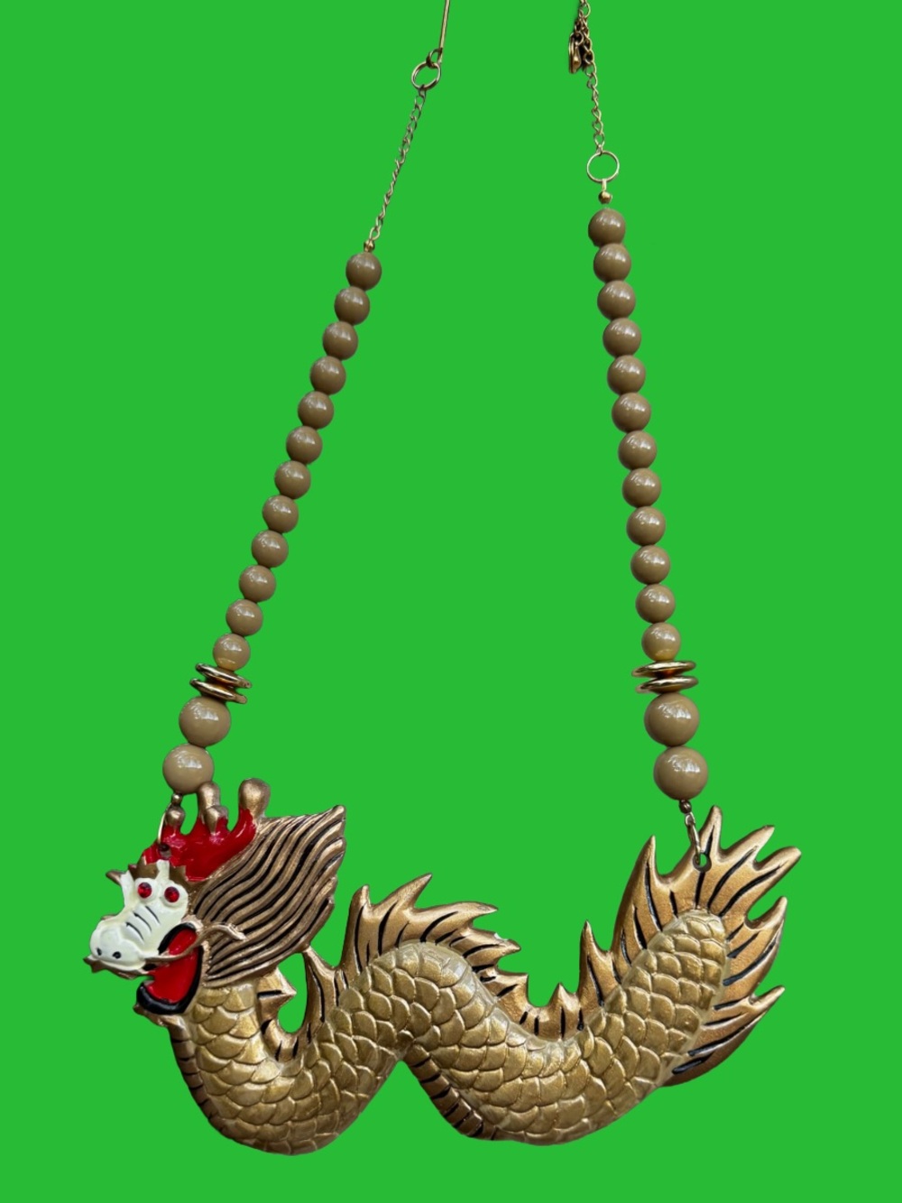 🐉 Bold Gold Tone Dragon Statement Necklace Beaded Red Rhinestone Eyes - Picture 5 of 10